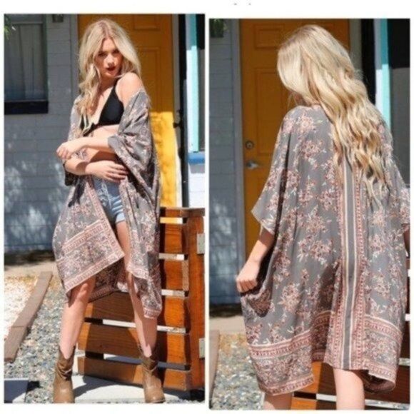 𝅺ANGIE Boho Kimono with Floral Print Border - Picture 1 of 6